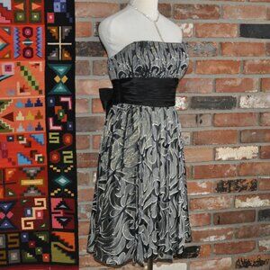 BCBG MaxAzria SILK Black Silver Grey Gold Strapless Waist Tie Midi Dress 4